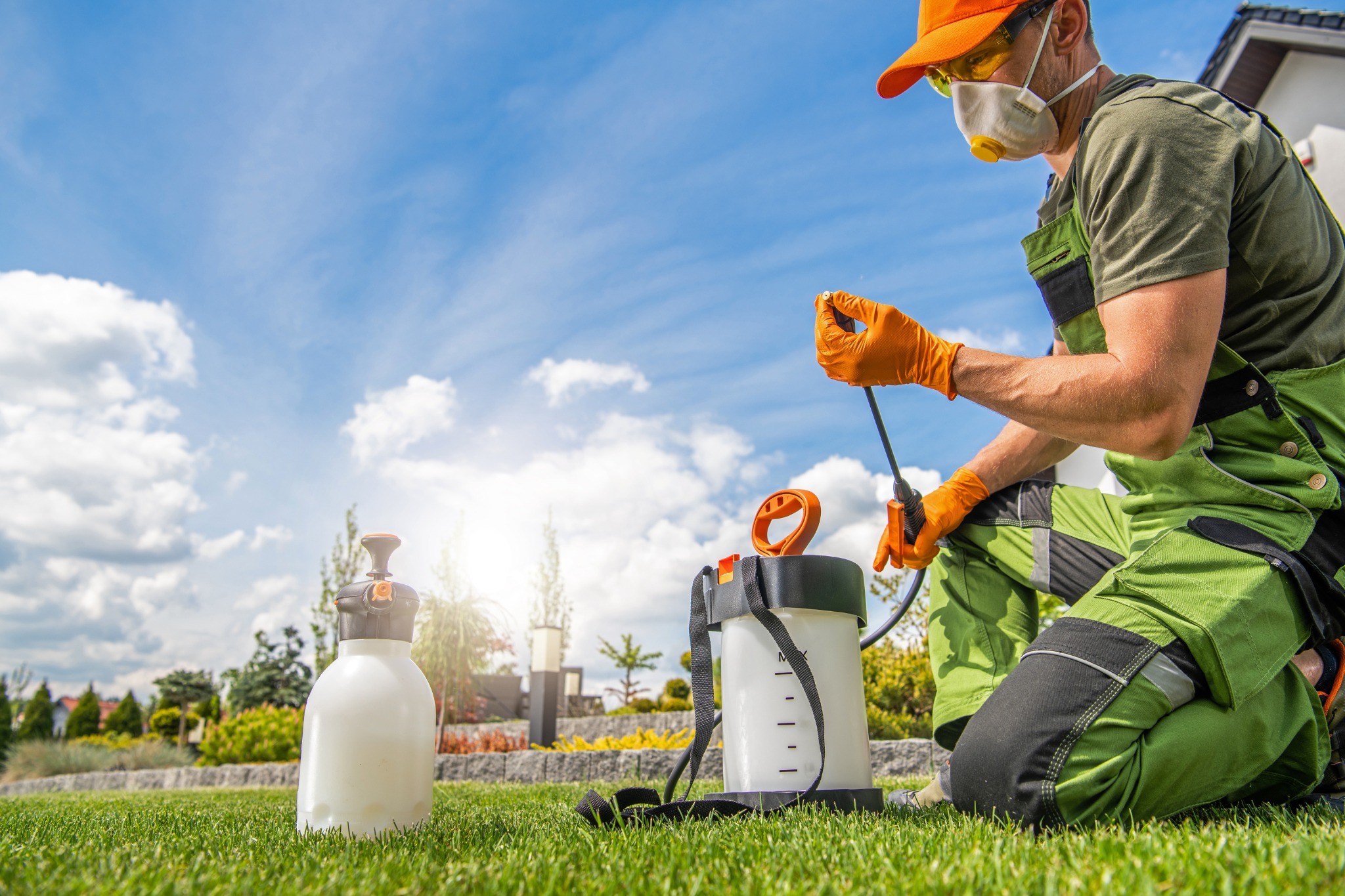 Pest control technician wearing an orange cap and safety vest